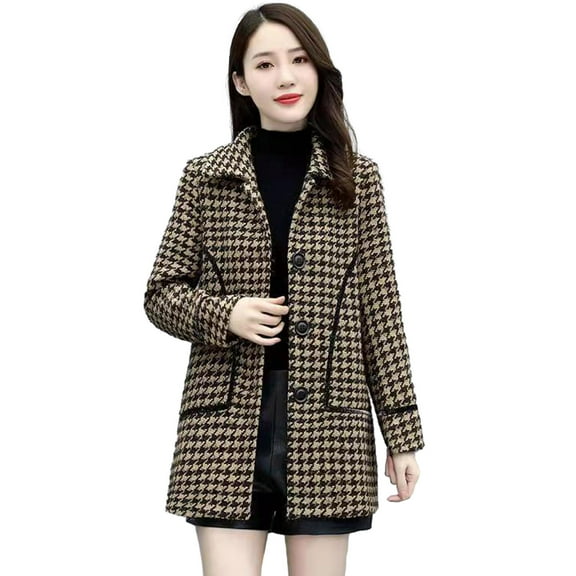 comerut Women Winter Fall Coat Herringbone Print Thick Warm Elegant Style Single-breasted Turn-down Collar Pockets Mid Length Plus Size Lady Overcoat
