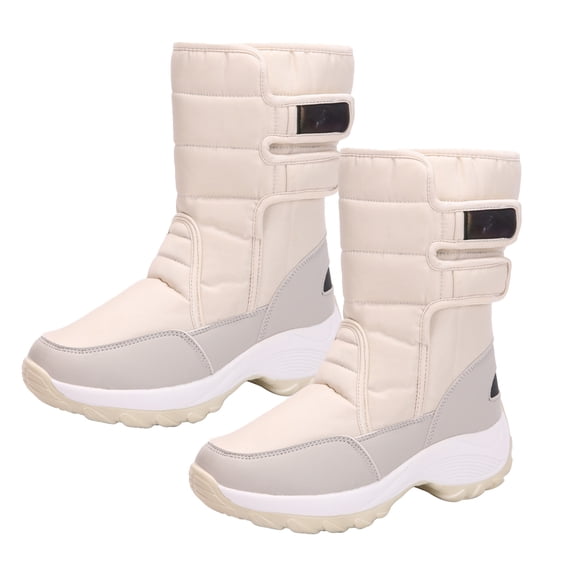 comerut Women Winter Faux Leather Anti Skid Magic Tape Warm Mid Calf Snow Boots Shoes