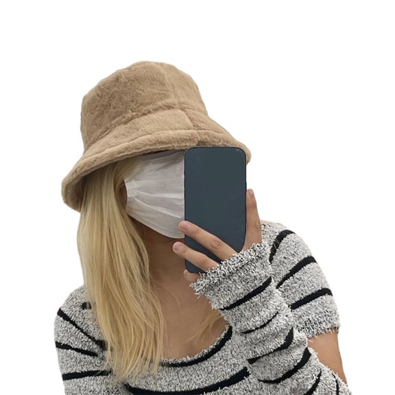 comerut Women Winter Fisherman Hat Wide Brim Solid Color Thick Plush Flat Top Windproof Warm Decorative Foldable Lady Bucket Cap