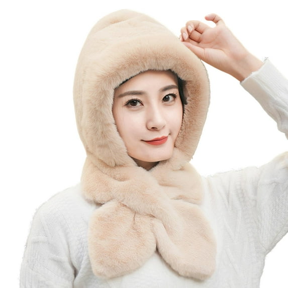 comerut Women Winter Hat with Integrated Scarf Thick Warm Faux Rabbit Fur Solid Color Full Protection Outdoor Cycling Travel Cold Weather Cap