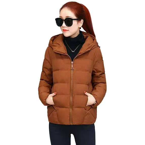 comerut Women Winter Hooded Jacket Solid Color Long Sleeve Loose Thick Warm Down Cotton Short Coat for Cold Weather All-match Streetwear Outwear