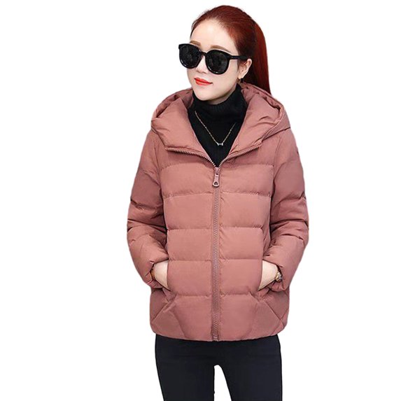 comerut Women Winter Hooded Jacket Solid Color Long Sleeve Loose Thick Warm Down Cotton Short Coat for Cold Weather All-match Streetwear Outwear