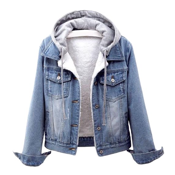 comerut Women Winter Jacket Hooded Solid Color Long Sleeves Detachable Hat Thick Keep Warm Single-breasted Plus Size Plush Denim Winter Coat for Daily Wear