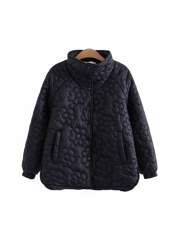 Women Winter Jacket with Stand Collar Button Placket Solid Color Flower Pattern Cotton Coat Windproof Warm Thicken Casual Loose Overcoat for Indoor Outdoor