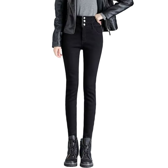 comerut Women Winter Jeans High Waist Faux Fur Lining Slim Fit Button Closure Soft Warm Thick Solid Color Pockets Pencil Pants Lady Autumn Trousers