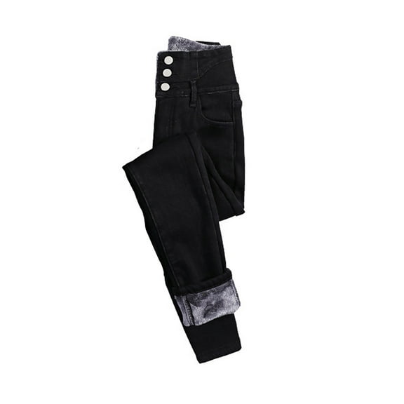 comerut Women Winter Jeans Solid Color Plush High Waist Pockets Soft Keep Warm Buttons Washed Denim Women Trousers Women Clothes