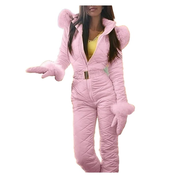 comerut Women Winter Outdoor Zipper Faux Fur Collar Hooded Warm Fleece Skiing Jumpsuit