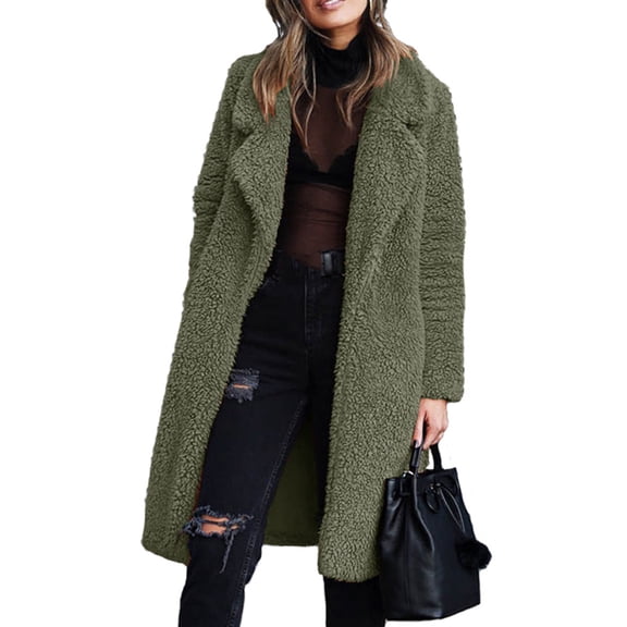 comerut Women Winter Thicken Plush Lapel Solid Color Long Sleeve Warm Cardigan Midi Coat