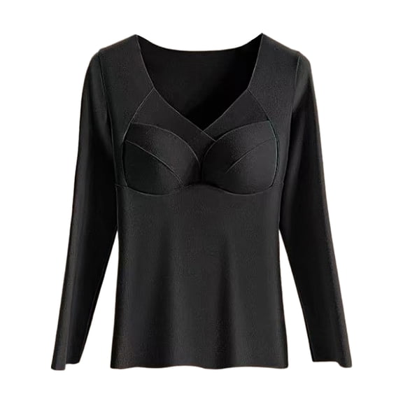 comerut Women Winter Top V Neck Padded Long Sleeve Elastic Thick Plush Warm Pullover Seamless Soft Pullover Heat-locking Lady Underwear Blouse