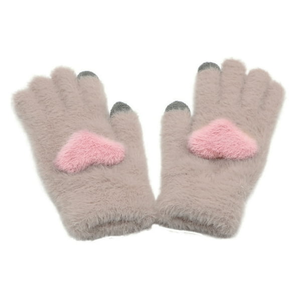 comerut Women Winter Warm Fluffy Gloves Heart Shape Plush Knitted Touch Screen Mittens