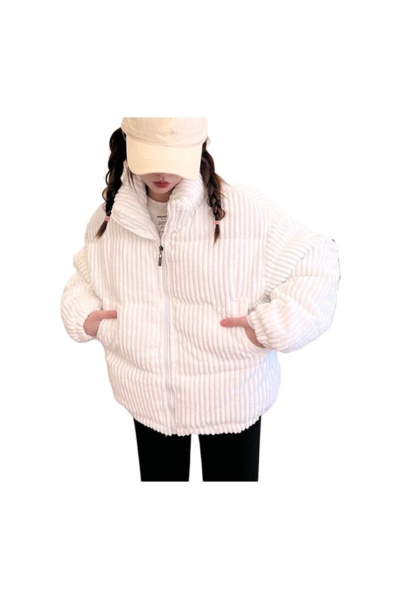 Women's Winter Jacket Corduroy Puffer Short Down Jacket Warm Quilted Cotton Coat Stand Collar Outerwear for Daily Life Work School