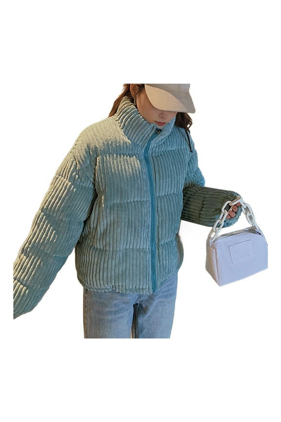 Women's Winter Jacket Corduroy Puffer Short Down Jacket Warm Quilted Cotton Coat Stand Collar Outerwear for Daily Life Work School