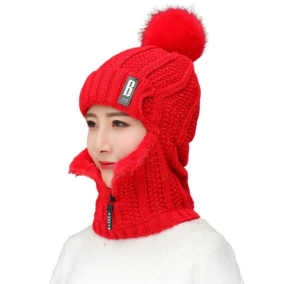 comerut Wool Knitted Hat Thick Fur Ball Decoration Keep Face Warmer Scarf Collar Fashion Solid Color Zipper One-piece Beanies for Daily Wear