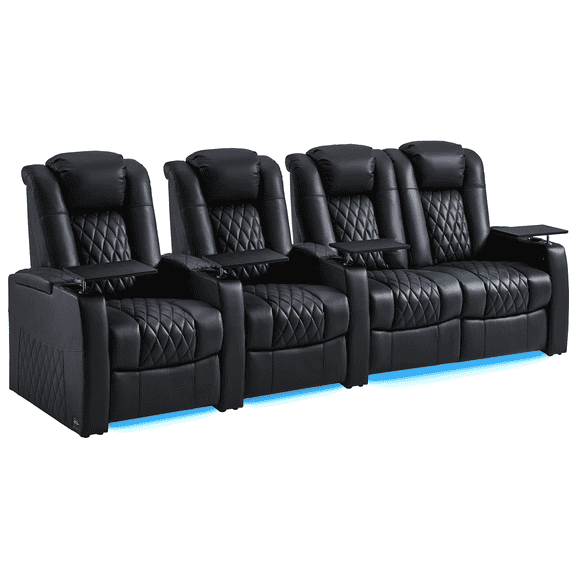 comfiroom Home Theater Seating Seats Classic Series Top Grain Leather Loveseat Recliner Chairs Dual Power Movie Gaming Sofa Chair Electric Headrest with Tray Table (Black, Row of 4 Loveseat Right)