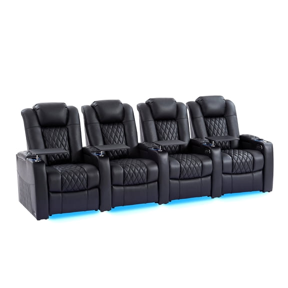 comfiroom Home Theater Seating Seats Classic Series Top Grain Leather Recliner Chair Dual Power Electric Headrest Movie Gaming Sofa with Tray Table Type-C USB Charger Cup Holders (Black, Row of 4)