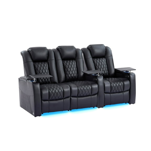 comfiroom Home Theater Seating Seats Classic Series Top Grain Nappa Leather Loveseat Recliner Chair Dual Power Movie Gaming Sofa Electric Headrest with Tray Table (Black, Row of 3 Loveseat Left)