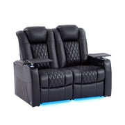 comfiroom Home Theater Seating Seats Classic Series Top Grain Nappa Leather Loveseat Recliner Chairs Dual Power Movie Gaming Sofa Chair Electric Headrest with Tray Table Black, Row of 2 Loveseat
