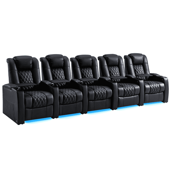 comfiroom Home Theater Seating Seats Classic Series Top Grain Nappa Leather Recliner Chairs Dual Power Movie Gaming Sofa Chair Electric Headrest with Tray Table Type-C USB Charger (Black, Row of 5)