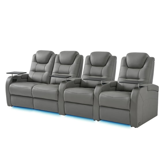comfiroom Home Theater Seating Simple Style Top Grain Leather Recliner Chair Dual Power Electric Headrest Movie Theater Chairs Gaming Sofa with Tray Table (Grey, Row of 4 Loveseat Left)