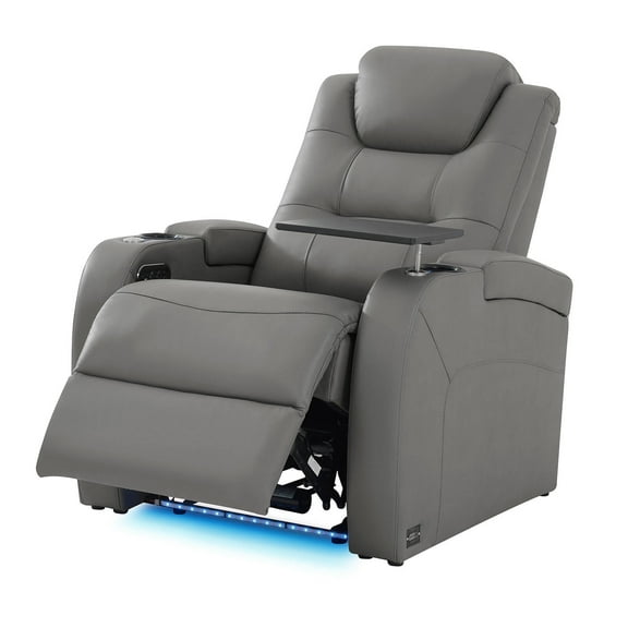 comfiroom Home Theater Seating Simple Style Top Grain Nappa Leather Loveseat Recliners Chair Dual Power Movie Gaming Sofa Chair Electric Headrest with Tray Table Type-C USB Charger (Grey, Row of 1)