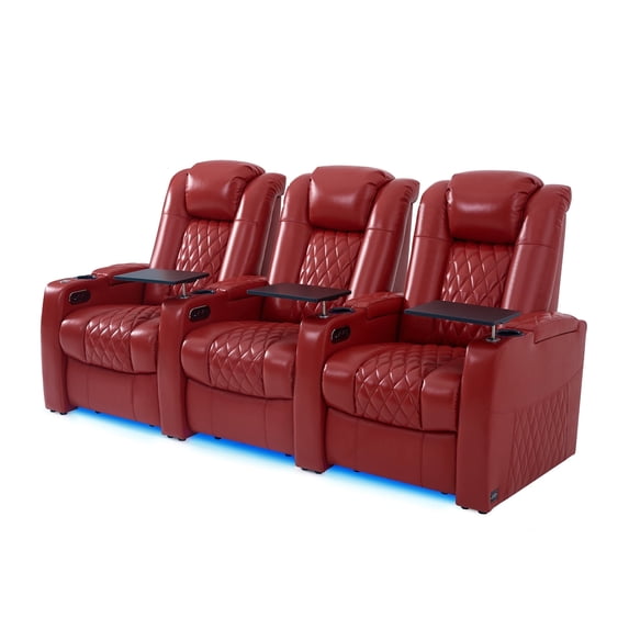 comfiroom Leather Home Theater Seating Seats, Classic Series Dual Power Electric Headrest Game Seats Movie Theater Chairs Theater Recliner Sofa with Type-C USB Charger(RED, Row of 3)
