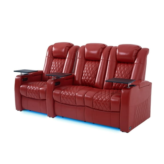 comfiroom Leather Home Theater Seating Seats, Classic Series Top Grain Leather Movie Theater Chairs Theater Recliner Sofa with Type-C USB Charger (RED, Row of 3 Loveseat Right)