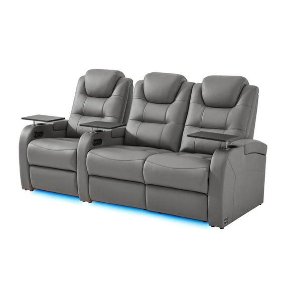 comfiroom Leather Home Theater Seating Seats, Simple Style Top Grain Leather Movie Theater Chairs Theater Recliner Sofa with Tray Table Type-C USB Charger (Grey, Row of 3 Loveseat Right)