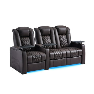 comfiroom Home Theater Seating Seats Classic Series Top Grain Nappa Leather Loveseat Recliner Chair Dual Power Movie Gaming Sofa Electric Headrest with Tray Table (Brown, Row of 3 Loveseat Right)