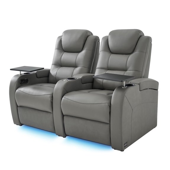 comfiroom Top Grain Leather Home Theater Seating Seats, Simple Style Dual Power Gaming Sofa Top Grain Leather Movie Theater Chairs Theater Recliner Sofa with Type-C USB Charger (Grey, Row of 2)