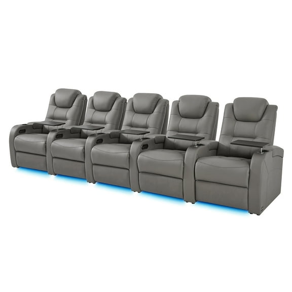 comfiroom Top Grain Leather Home Theater Seating Seats, Simple Style Dual Power Movie Gaming Sofa Movie Theater Chairs Theater Recliner Sofa with Type-C USB Charger Cup Holders (Grey, Row of 5)