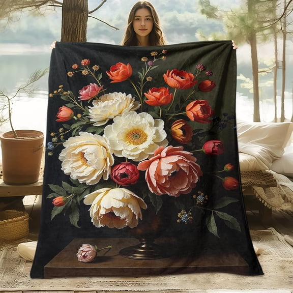 A comfortable flower-filled flannel blanket in a vase, suitable for all seasons, a cooling blanket, soft and breathable 100% cotton flannel, the perfect gift for family and friends