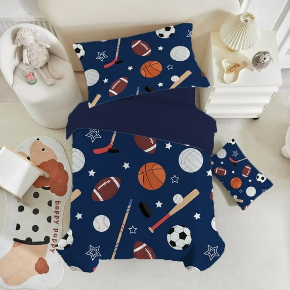 Toddler Bedding Sets for Babys Boys Girls Kids Navy Blue Ball Sports Toddler Crib Comforter Set Flat Sheet Fitted Sheet and Pillowcase 4 Pieces