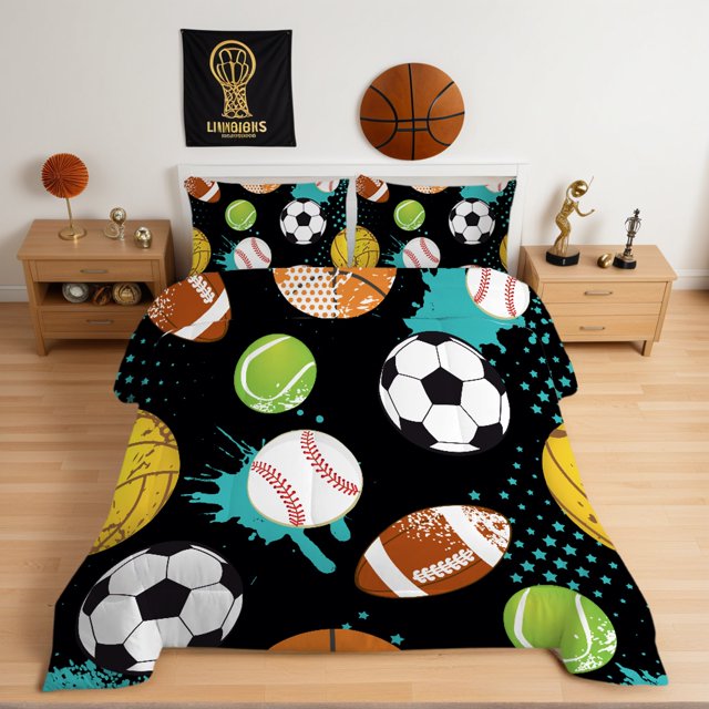 Twin Sports Comforter Set Black Ball Bedding Sets for Boys Girls Kids Teen 3D Soccer Basketball Baseball Football Design 5Pcs Bed in A Bag