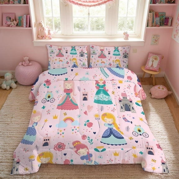 JJCOITR Pink Comforter Set Princess Fairy Castle Printed Pattern Quilt Bedding Set with 1 Comforter and 2 Pillowcases for Girls Kids Twin Size