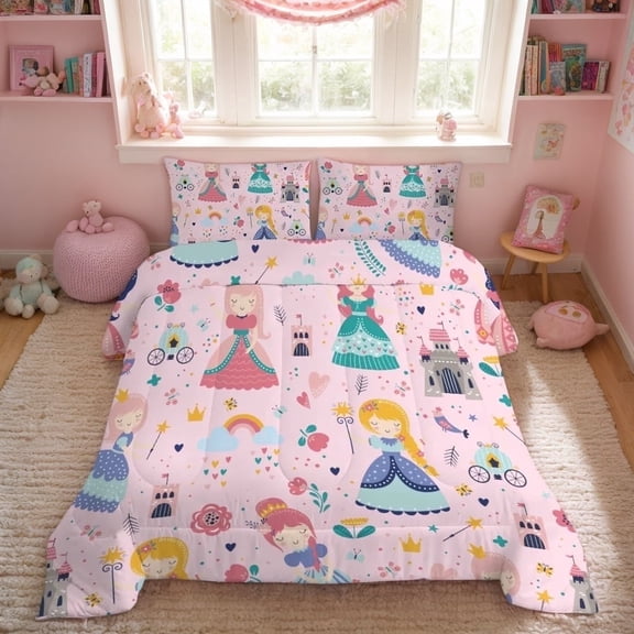 JJCOITR Pink Comforter Set Princess Fairy Castle Printed Pattern Quilt Bedding Set with 1 Comforter and 2 Pillowcases for Girls Kids Twin Size