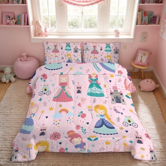 JJCOITR Pink Comforter Set Princess Fairy Castle Printed Pattern Quilt Bedding Set with 1 Comforter and 2 Pillowcases for Girls Kids Twin Size