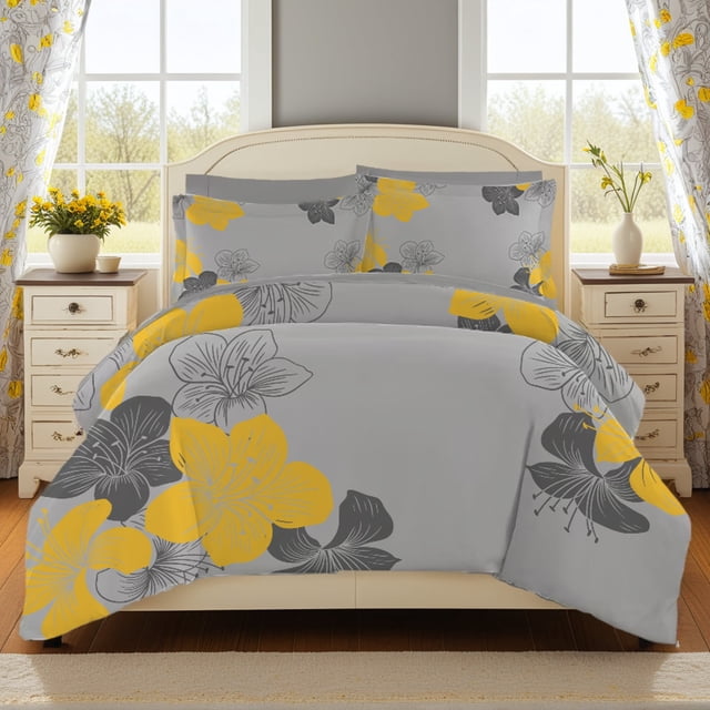 Floral Comforter Set King 7 Pieces Bed in a Bag Yellow Floral Pattern Printed on Grey Soft Microfiber Bedding Set Lightweight Bed Comforter Set for All Season