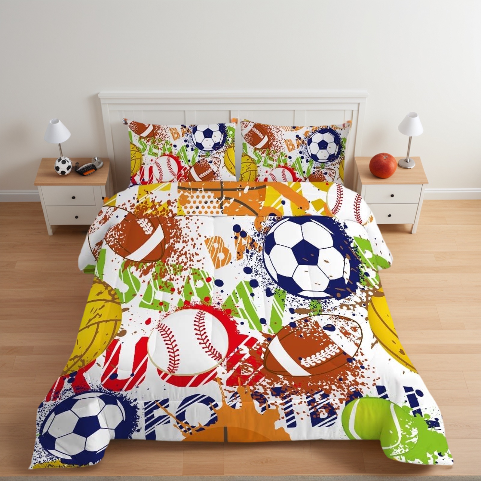 Twin Sports Comforter Set Colorful Ball Bedding Sets for Boys Girls Kids Teen 3D Soccer Basketball Baseball Football Design 5Pcs Bed in A Bag