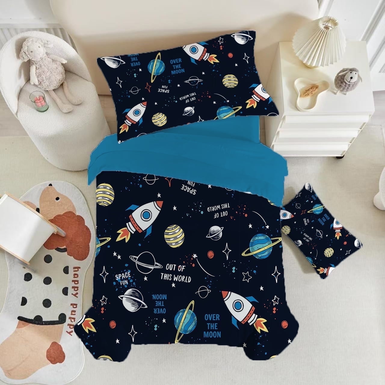 Toddler Bedding Sets for Babys Boys Girls Kids Navy Blue Space Rocket Toddler Crib Comforter Set Flat Sheet Fitted Sheet and Pillowcase 4 Pieces