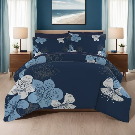 Floral Comforter Set Queen 7 Pieces Bed in a Bag Blue Floral Pattern Printed on Navy Soft Microfiber Bedding Set Lightweight Bed Comforter Set for All Season