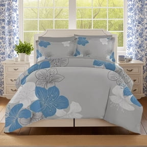 Floral Comforter Set Queen 7 Pieces Bed in a Bag Blue Floral Pattern Printed on Grey Soft Microfiber Bedding Set Lightweight Bed Comforter Set for All Season