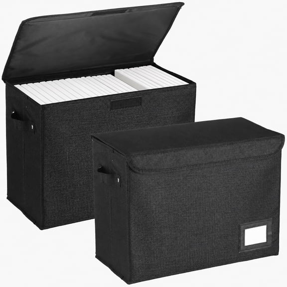 2 Pack Comic Book Storage Box, 15.7 x 7.9 x 11.8 in Collapsible Faux Linen Magazine Organiser with Side Handles & Label Window, Sturdy Foldable Container for Home Office Collection Display, Black