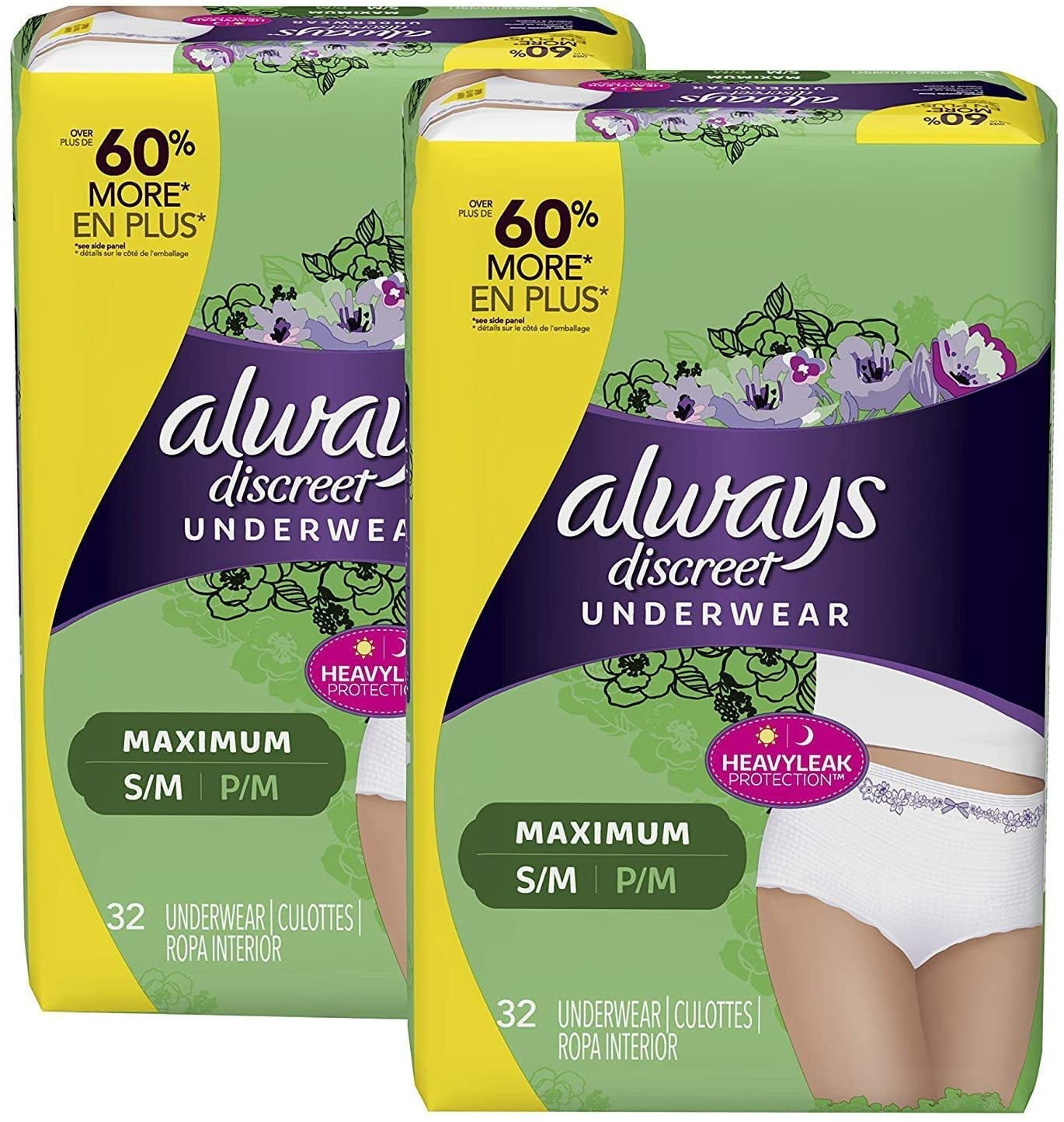 Always Discreet Incontinence & Postpartum Incontinence Underwear for Women, Small/Medium, Maximum Protection, Disposable (32 Count, Pack of 2-64 Count Total)