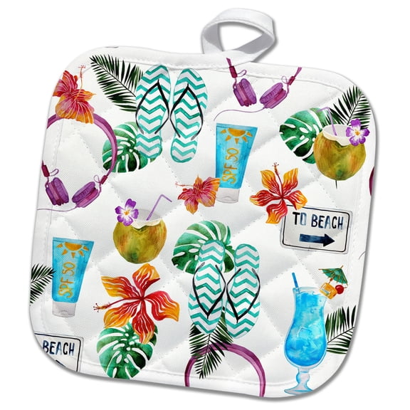 3dRose, Beach, flip Flops, Drinks, Tropical Flowers, Pattern, 8x8 Potholder