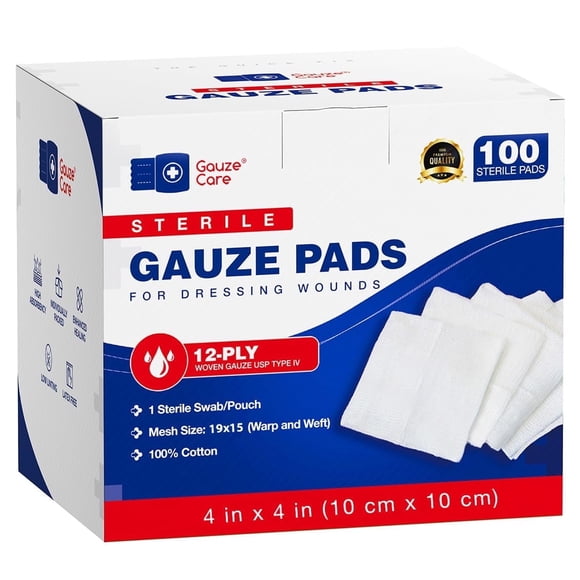 100pc Sterile Gauze Pads 4"x4"  12ply Woven Gauze Sponges, USP Type IV, High Absorbency, First Aid Wound Care