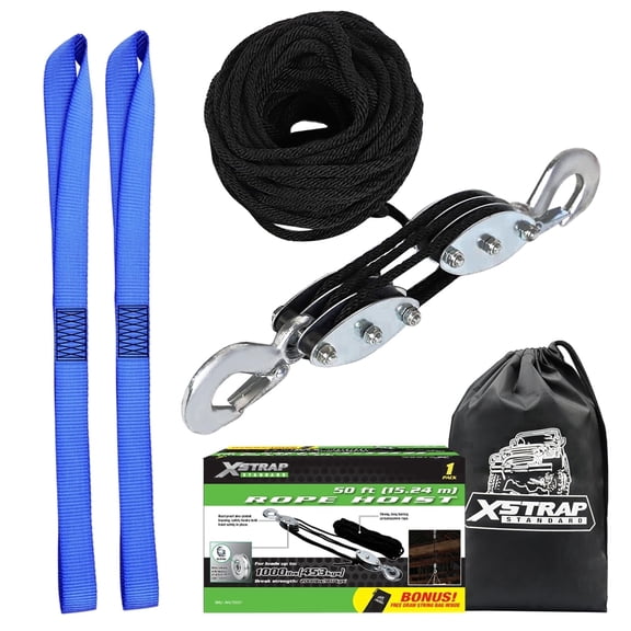 XSTRAP STANDARD Heavy-Duty 2,000 lb Breaking Strength 50 ft Rope Hoist, with 2 pcs Soft Loops