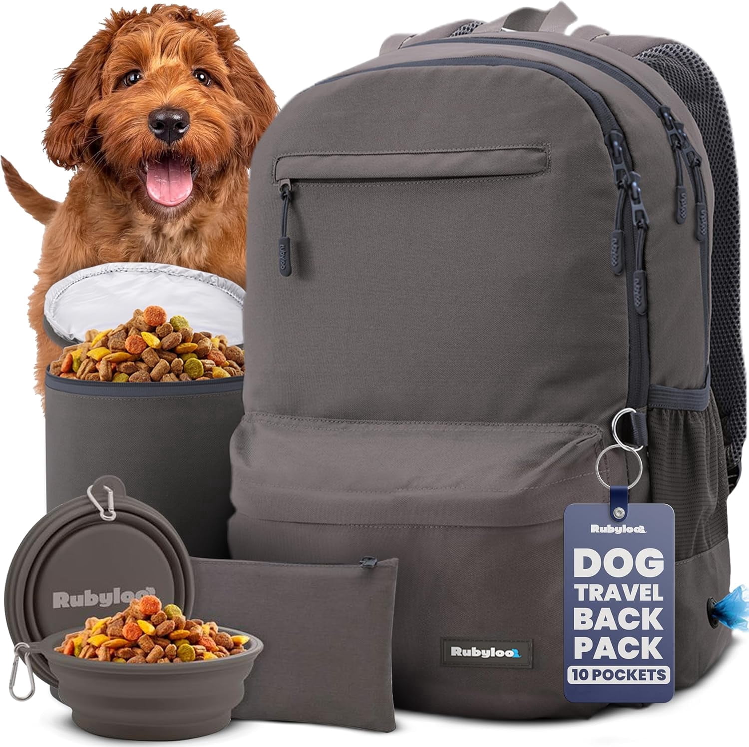 Dog Travel Bag for Supplies - Backpack with 2 Collapsible Dog Bowls, Food Bag, Treat Pouch: Dk Grey
