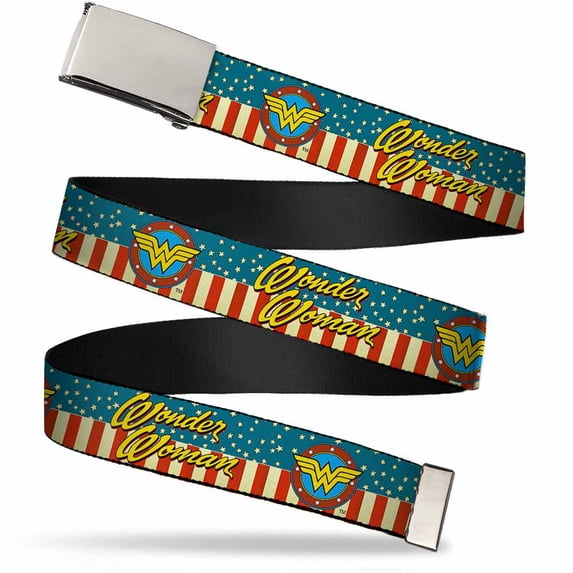 Adjustable Belt, Clamp Buckle, Cut-to-Fit, Wonder Woman Logo Americana Red White Blue Yellow