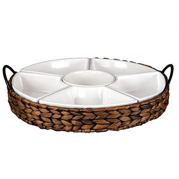 RANDEFURN Serving Platters and Trays,7-Set Porcelain Serving Tray,Food Tray 15.5 x 15.5 inches, Multi Sectional Snack Serving Trays, Perfect for Chips and Dip, Veggies Portable Handle,Gold