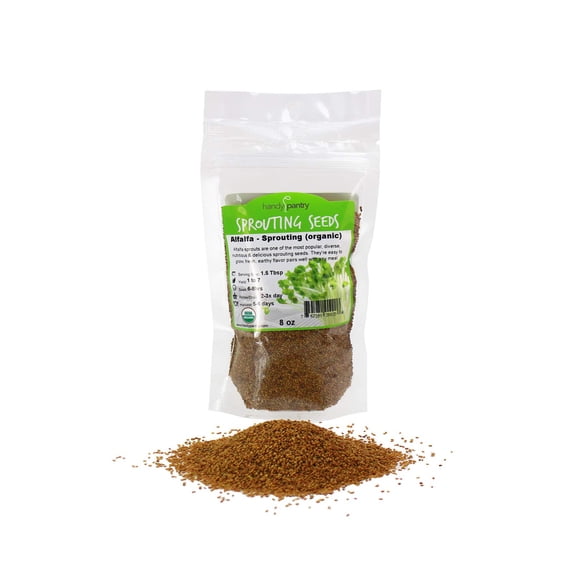 Certified Organic Alfalfa Sprouting Seed- 8 Oz - Handy Pantry Brand - High Sprout Germination- Edible Seeds, Gardening, Hydroponics, Growing Salad Sprouts, Planting, Food Storage & More